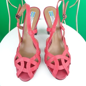 Vintage Retro Arnold Churgin Pumps Strappy Sandaal Schoenen Schoeisel Koraal Leer Maat 8 M Peep Toe Slingback Bruiloft Formele Avond Cadeau