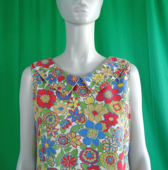 Vintage Retro Mod Handmade Clothing Apparel LG Dress Shift Day Sun 1950s 1960s Mid Century Floral Yellow Red Blue Green Wedding Party Gift
