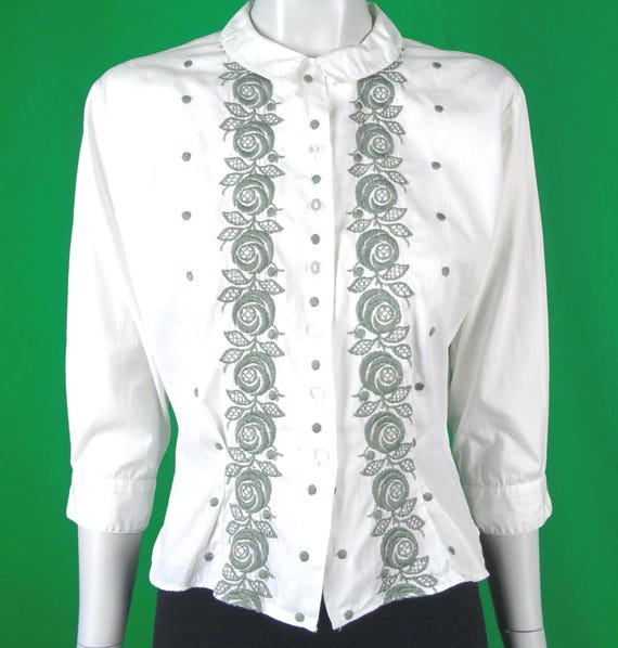 Vintage Retro Handmade Clothing Apparel Button Blouse Shirt Top 50s 60s Mid Century M Embroider White Gray Wedding Party Evening Formal Gift