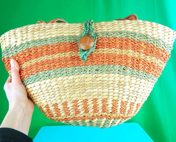 Vintage Retro Straw Sisal Tote Bag: 1970s Coastal Shoulder Bag Satchel Market Travel Beige