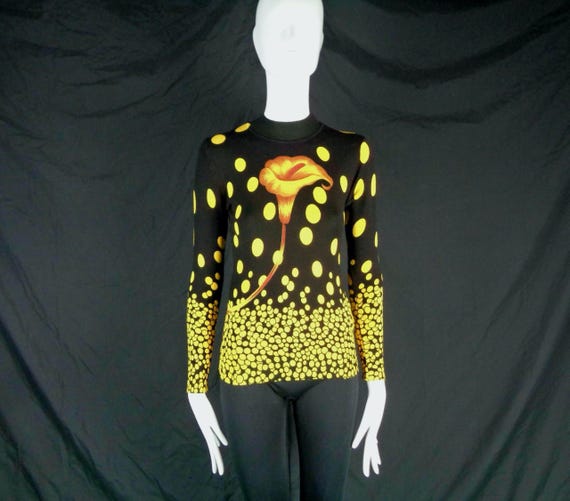Vintage Floral Pullover Knit: Y2K Sweater Jersey Top Blouse Black Yellow Gift