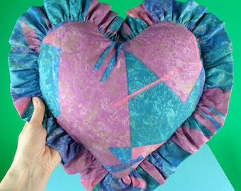 Vintage Handmade Heart Throw Pillow: Ruffled Accent Decor 1980s-90s Toss Cushion Chair Sofa Couch