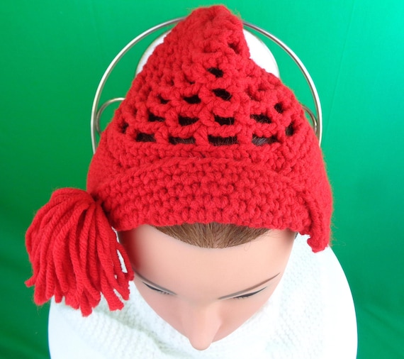 Vintage Retro Lipstick Red Cable Knit Capulet Beanie: Handmade 1950s Half Hat Gift Accessorize