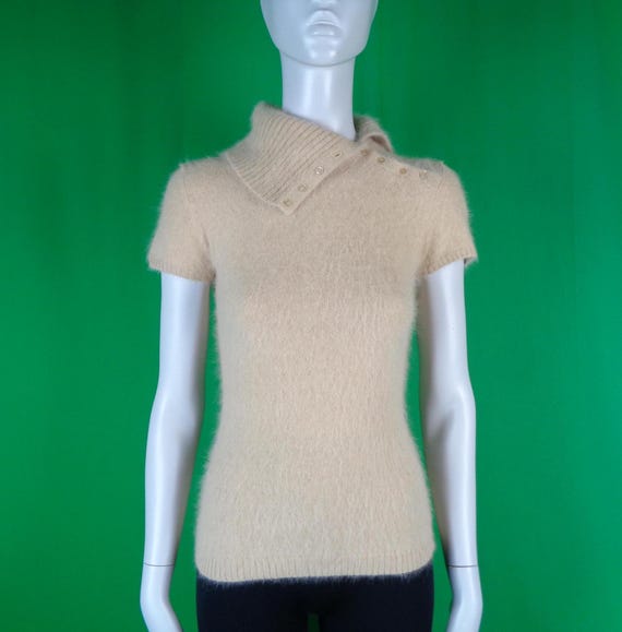 Y2K Clothing Apparel Lechateau French Pullover Button Sweater Angora Beige Top Blouse Shirt XS Wedding Party Evening Formal Casual Gift