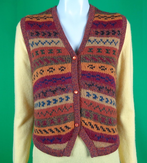 Vintage Retro Clothing Apparel Knitwear Button Sweater Vest Top 60s 70s Medium Party Evening Formal Casual Gift Brown Yellow Burgundy Blue