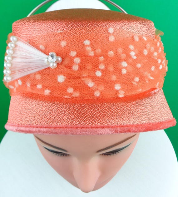 Vintage Retro Accessorie Half Skull Capulet Hat Orange White 1950s 1960s Mid Century Nylon Velvet Pearl Fan Rhinestone Wedding Party Formal