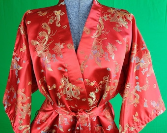 Vintage Retro Robe House Coat Clothing 1980s 1990s Pyjamas Nightwear Wrap XXL Red Shanghai Cheongsam Traditional Japanese Chinese Home Live