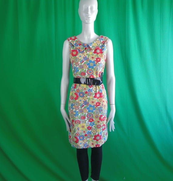 Vintage Retro Handmade Clothing Cotton Dress Shift Day Frock 1950s 60s Yellow Red Blue Green Floral Large Mid Century Mod Wedding Party Gift