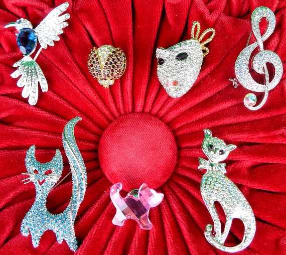 Vintage Swarovski Crystal Brooch Pin: Cats, Hummingbird, Ladybug, Mask, Musical Note Monet Jewelry Accessory