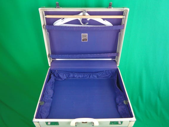 Vintage Retro Langmuir Airway Mirapak Ivory White Navy Blue Train Suitcase Luggage Key Overnight Carry On Storage Top Handle 1940s 50s Gift