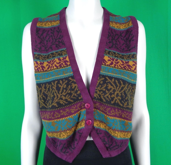 Vintage Retro Clothing Apparel Button Vest Knitwear Jersey Sweater 1980s 1990s Sport-wear Evening Gift Pattern Purple Green Blue Yellow