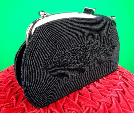 Vintage Black Corde Handbag Purse: 1940s 50s Oblong Chain Clutch, Gold Seal Accessory Gift