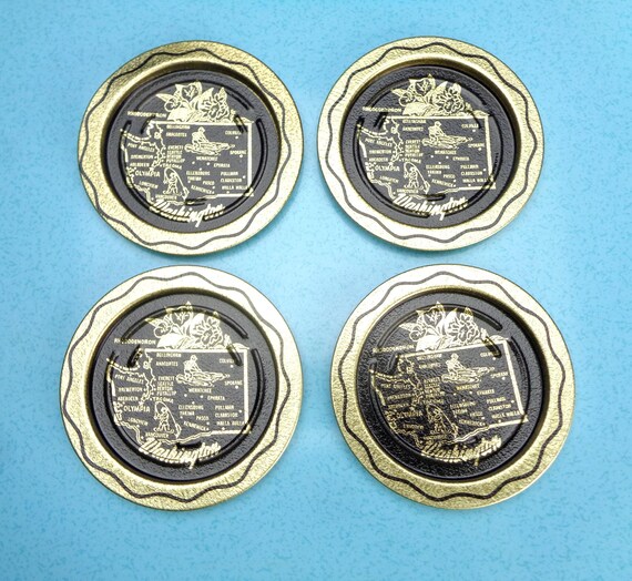 Vintage Seattle Washington Map Coasters – Metallic Enamel Bar Drinkware Set Decor Gold Black Souvenir