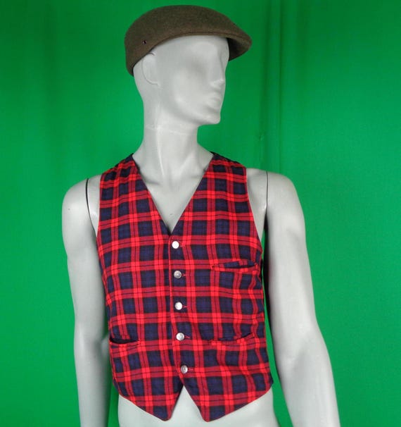 Vintage Tartan Plaid Vest: 1940s-50s Unisex Button Top, Vestcraft M Gift Black Red Blue