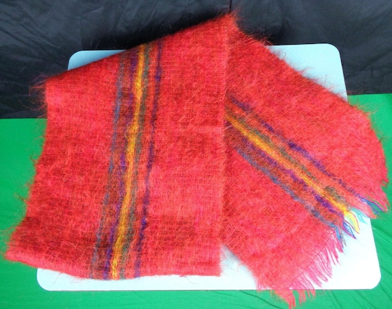Vintage 1960s Red Mohair Scarf: Striped Wrap Shawl Royal Scot Neckwear Britain Gift Accessory