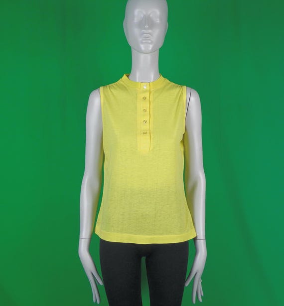 Vintage Retro Clothing Apparel Pullover Top Tee Button Shirt Blouse 1970s 1980s Lemon Yellow Cotton L Sport Tennis Golf Athletic Casual Gift