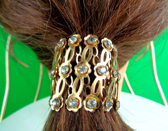 Vintage Retro Hair Care Accessorie Expandable Comb Pony Body Jewelry Slide Bracelet 1950s 60s Gold Rhinestone Mid Century Wedding Party Gift