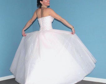 Vintage Retro Small Clothing Long Prom Dress Ball Gown Tulle Powder Pink Strapless Sweetheart Bridal Maids Wedding Party Formal Evening Gift