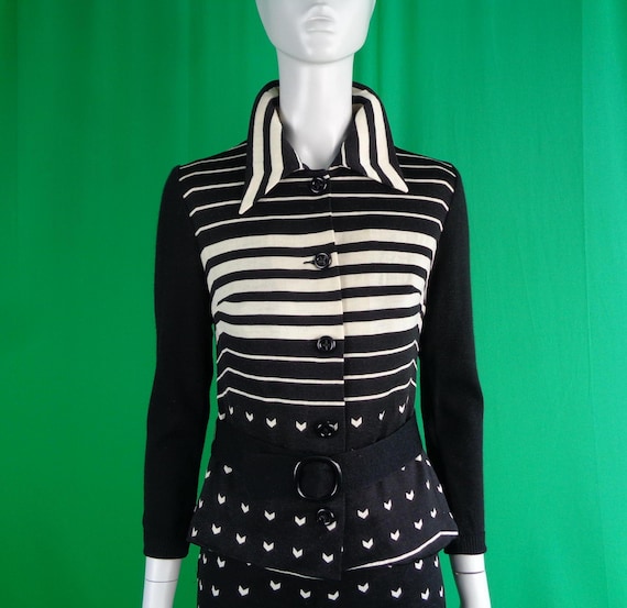 Vintage Retro Clothing Apparel Eva Fisher Couture Button Cardigan Sweater Top Skirt Suit Jacket Knitwear Jersey 60s 70s S Evening Party Gift