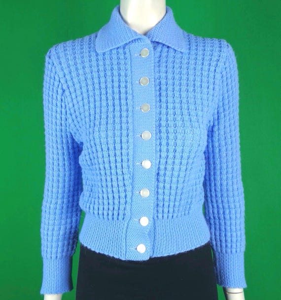 Vintage Cable Knit Button Cardigan: Baby Blue Alpine Sweater, Top 1940s-50s Mid Century Gift