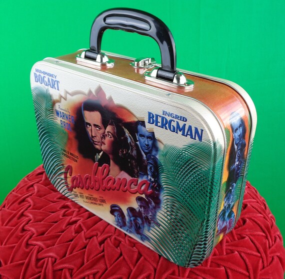 Vintage Retro Casablanca Bergman Bogart Movie Motion Picture Stars Tin Tote Purse Handbag Top Handle Lunch Box Storage Container Party Gift