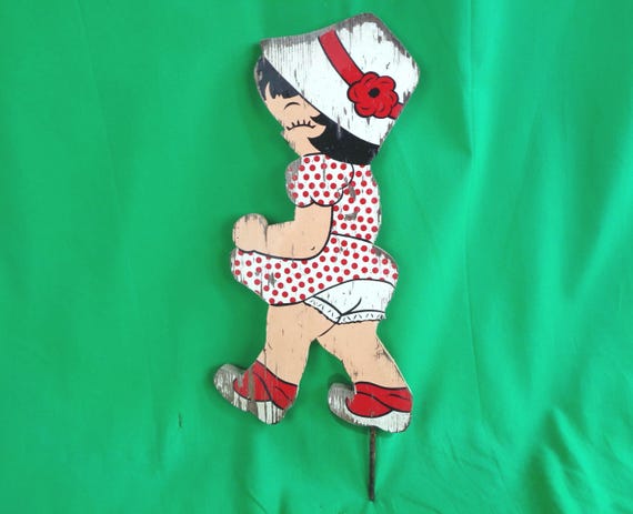 Vintage Antique Handmade Rustic 16 3/8" Girl Kid Child Garden Yard Lawn Stake Decoration Art 30s 40s Mid Century Party Gift Carved Collector