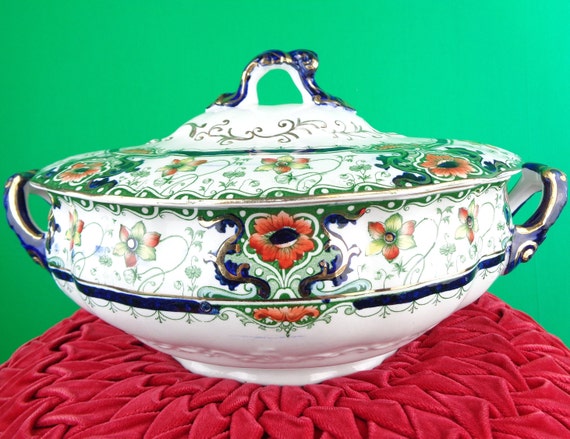 Antique Vintage LG Soup Tureen Ceramic Opaque China Bowl Dinner Transfer-ware 1920s 1930s Art Deco Kitchen Serve Home Live Decor Party Gift