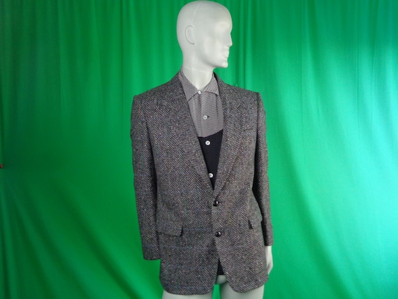 Vintage Retro Clothing Tweed Suit Jacket Coat Blazer 1940s 50s Mid Century Black Gray Green Blue Square Medium 38 Wedding Party Formal Gift