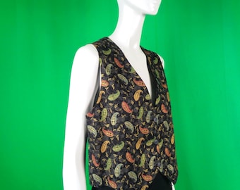 Chaleco bohemio para festival de ropa vintage, estilo cottagecore, años 80-90, reversible, con clip y diseño de hojas de cachemir.