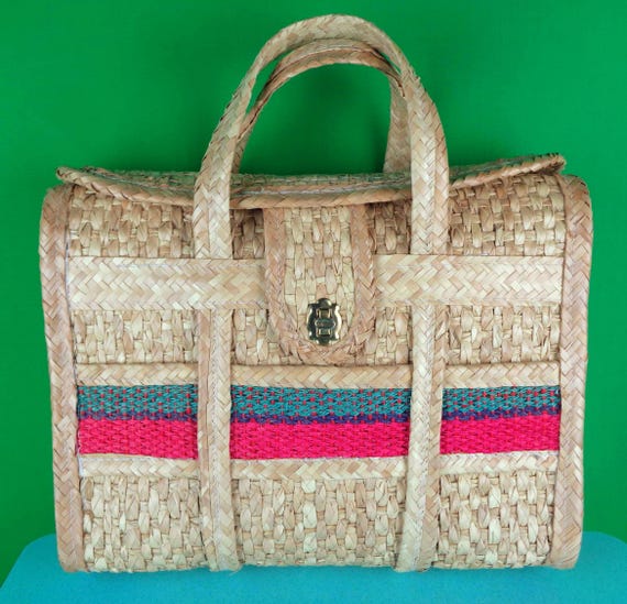 Vintage Retro LG Bamboo Straw Rattan Stripe Top Handle Handbag Purse 1970s 80s Wedding Party Market Coastal Gift Accessorize Carry On Travel