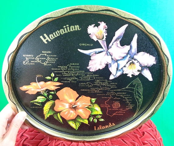 Vintage Retro Hawaiian Souvenir Decorative Tin Tray Wall Plaque 1960s 70s Collectible Keepsake Memorabilia Wall Hang Home Party Decor Gift
