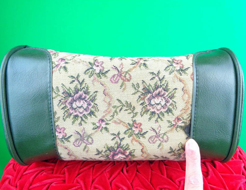 Vintage Tapestry Handbag: Floral Petit Point Top Handle Purse 60s-70s Green Vinyl Bag Accessory image 6