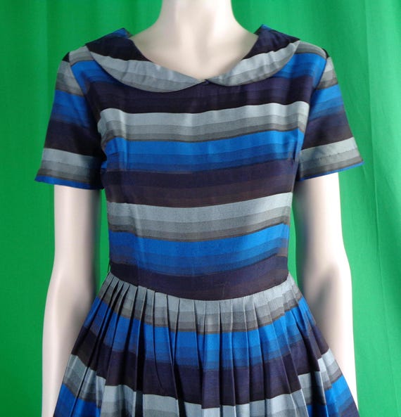 Vintage Retro Handmade Clothing Apparel Stripe Cotton Pleat Dress 1950s 60s Mid Century Blue Black Grey S Wedding Party Evening Formal Gift