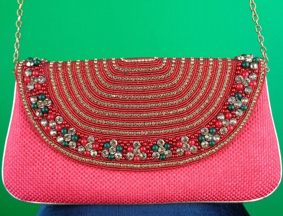 Vintage Retro Red Gold Green Jewel Rattan Straw Crossbody Shoulder Chain Purse Handbag Clutch Wedding Evening Rhinestone Bead Gift Accessory