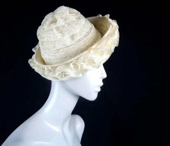 Vintage Ivory Straw Sun Hat: 1950s Raffia Taffeta Velvet Trim (22") Mid Century Wedding