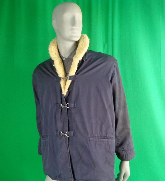 Vintage Retro Unisex Clothing Utility Sports Jacket Overcoat Outerwear 1940s 50s Mid Century Large 48" Navy Blue Red Ivory Sheep Casual Gift