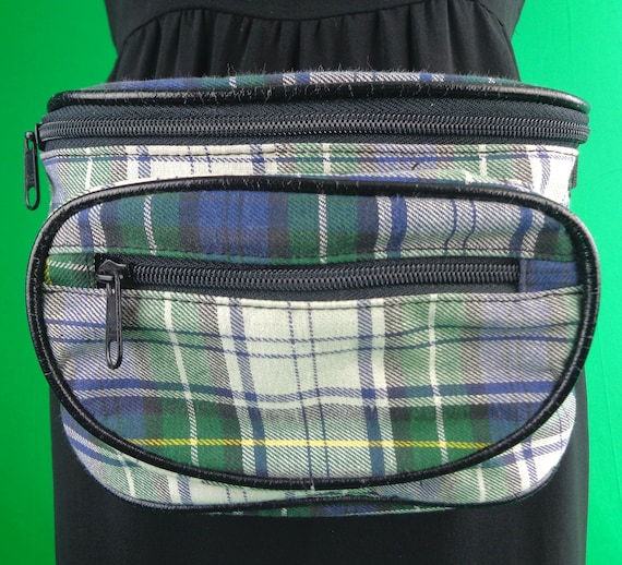 Vintage Retro Unisex Fanny Pack Hip Sack Belt Bag Purse 1980s 90s White Blue Green Yellow Black Plaid Tartan Travel Party Gift Accessorize