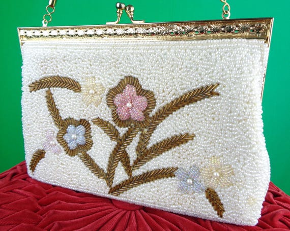 Vintage Beaded Clutch: 1950s-60s Faux Pearl Handbag Mid Century Floral Top Handle Pastel Purse Accessory Gift