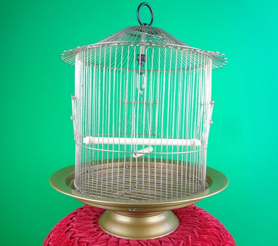 Vintage Retro Blue Bird Cage Pet Carrier House Supplies 1950s 60s Mid Century Gold Home Room Accent Center Piece Garden Decor Gift Collector