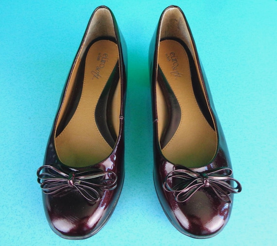 Vintage Euro Soft Patent Leather Baby Doll Shoes Footwear Pumps Slides Slip-on 6 1/2 Wedding Party Evening Formal Casual Gift Oxblood Red