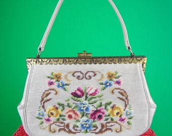 Vintage Floral Tapestry Carpet Purse: 1950s-60s Top Handle Handbag Mid Century Clutch Accessory Gift