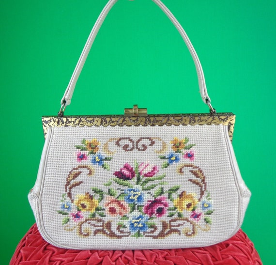 Vintage Floral Tapestry Carpet Purse: 1950s-60s Top Handle Handbag Mid Century Clutch Accessory Gift
