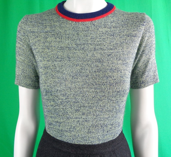 Vintage Retro Clothing Apparel Pullover Top Blouse Shirt Knitwear Jersey 1960s 1970s S Blue Red Acrylic Wool Evening Formal Casual Gift