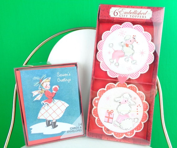 Vintage Retro Christmas Holiday Greeting Girl Cards 14 Box Set Poodle 6 Gift Toppers 1950s 1960s Mid Century Style Gift Memento Keepsake