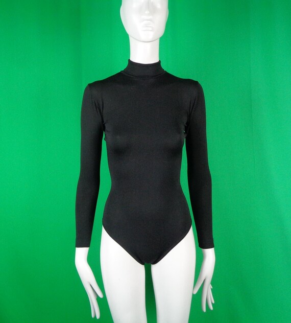 Vintage Retro Clothing Body Jumpsuit One Piece Dance Ballet 1970s 80s Black Nylon Medium Large Costume Lingerie Athletic Aerobic Sport Gift