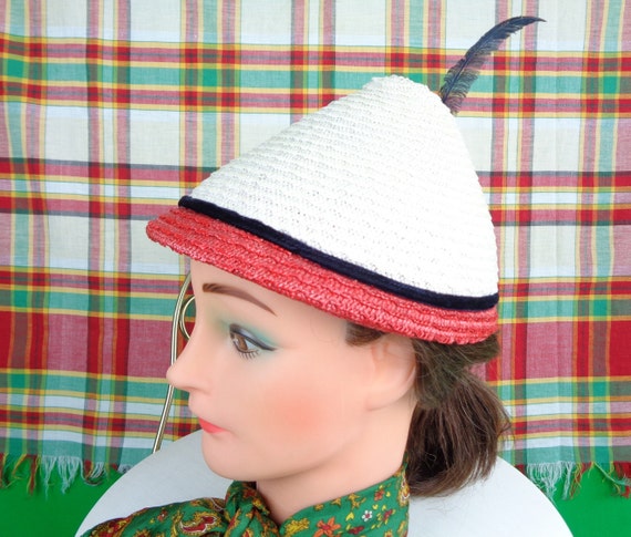 Vintage Raffia Feather Capulet Hat: 1940s-50s Velvet Bow White Red Blue Chapel Accessory Gift
