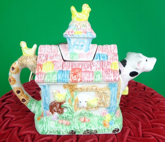 Vintage Mercuries Barn Animal Tea Coffee Pot 1994 Country Cottage Farm House Ceramic Cow Rooster Sheep Pig Home Living Decor Party Gift