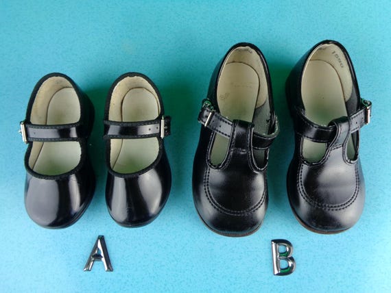 Vintage Retro 3 7 Month New Born Baby Toddler Child Flats Mary Jane Shoes 60s 70s Black Patent Vinyl Shower Party Gift Collectible Keepsake