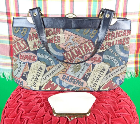 Vintage Retro Tapestry Arline Purse Handbag Top Handle 1950s 1960s Mid Century Airliners TWA PANAM Qantas American Airline Gift Accessorie