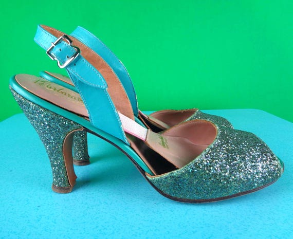 Vintage Barbara Lee Slingback Heels: Teal Glitter Pumps, 1940s-50s Party Shoes Spring-o-lators Sandals Footwear